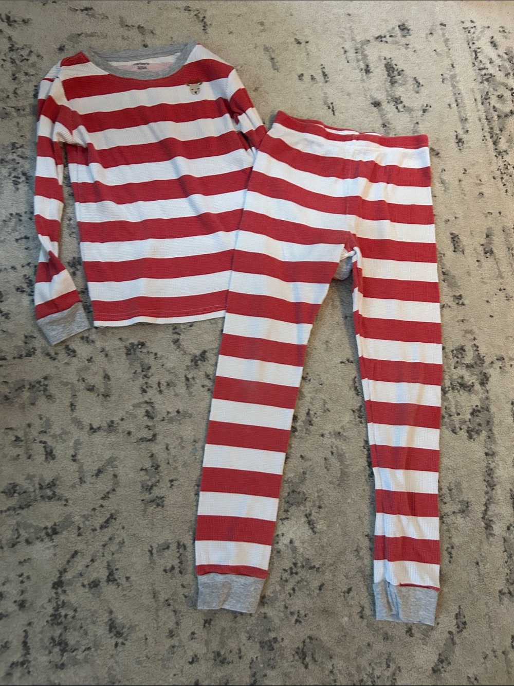Carter's Red and White Thermal Stripe Kids Pajama Set with Gray Trim. Reindeer